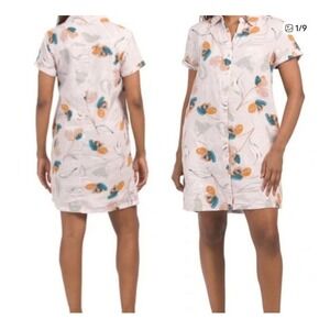 Rachel Zoe Linen Floral Shirt Dress Pink Short Sleeve Button Up Midi L